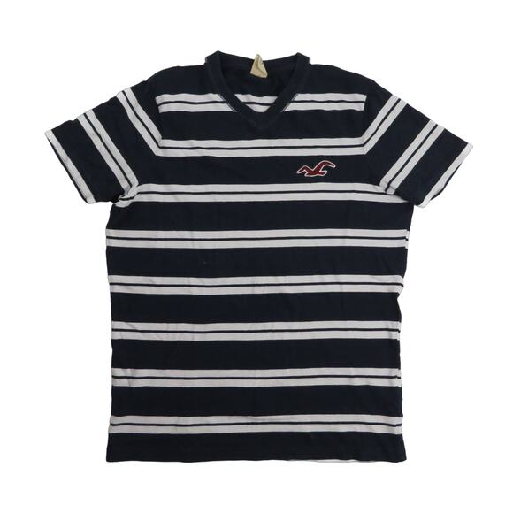 Y2k Hollister Navy & White Striped V-Neck T-Shirt with Embroidered Logo - Picture 2 of 7